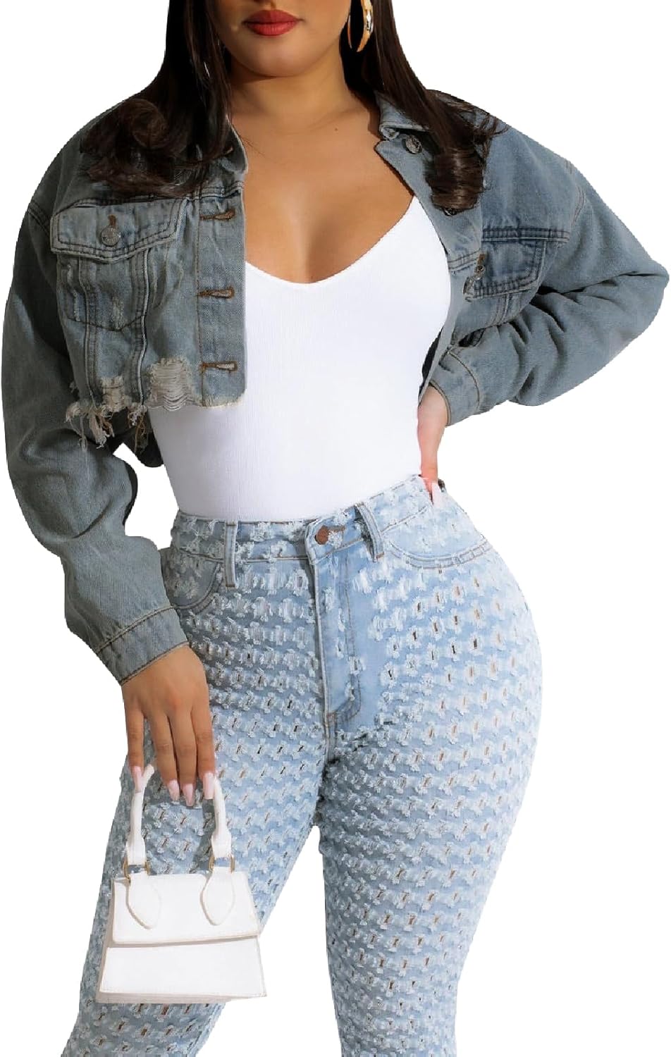 CutieLove Women’s Cropped Denim Jackets Long Sleeve Destroyed Crop Top Casual Jean Coat