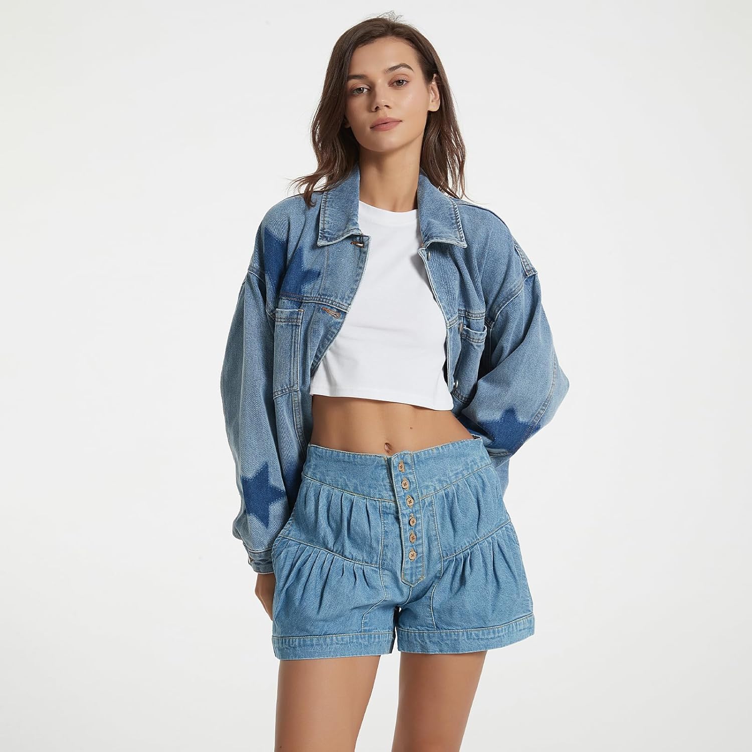 D-Sun Women Casual Denim Jacket Oversized Leopard Stars Printed Boyfriend Vintage Jean Jacket Coat with Pockets