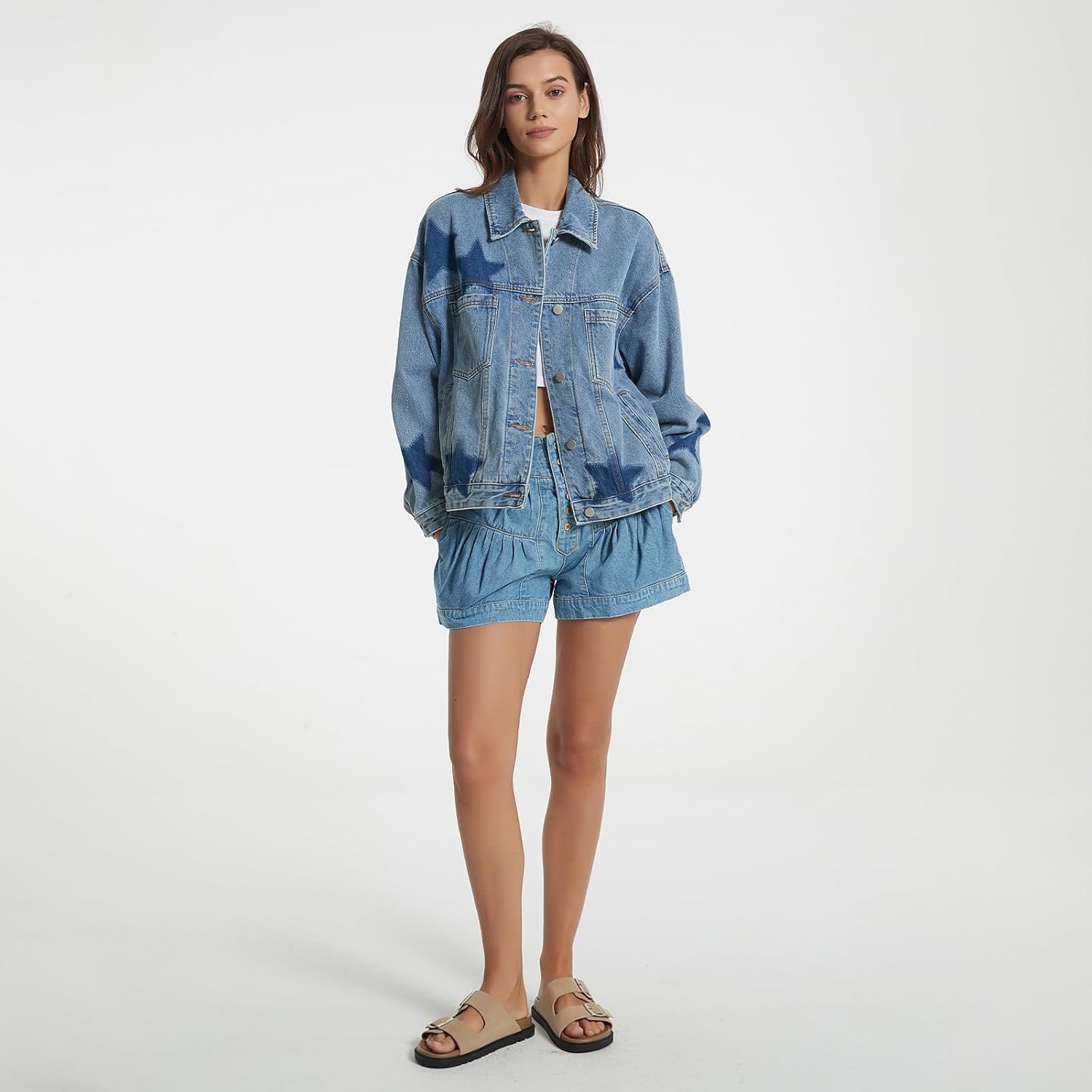 D-Sun Women Casual Denim Jacket Oversized Leopard Stars Printed Boyfriend Vintage Jean Jacket Coat with Pockets