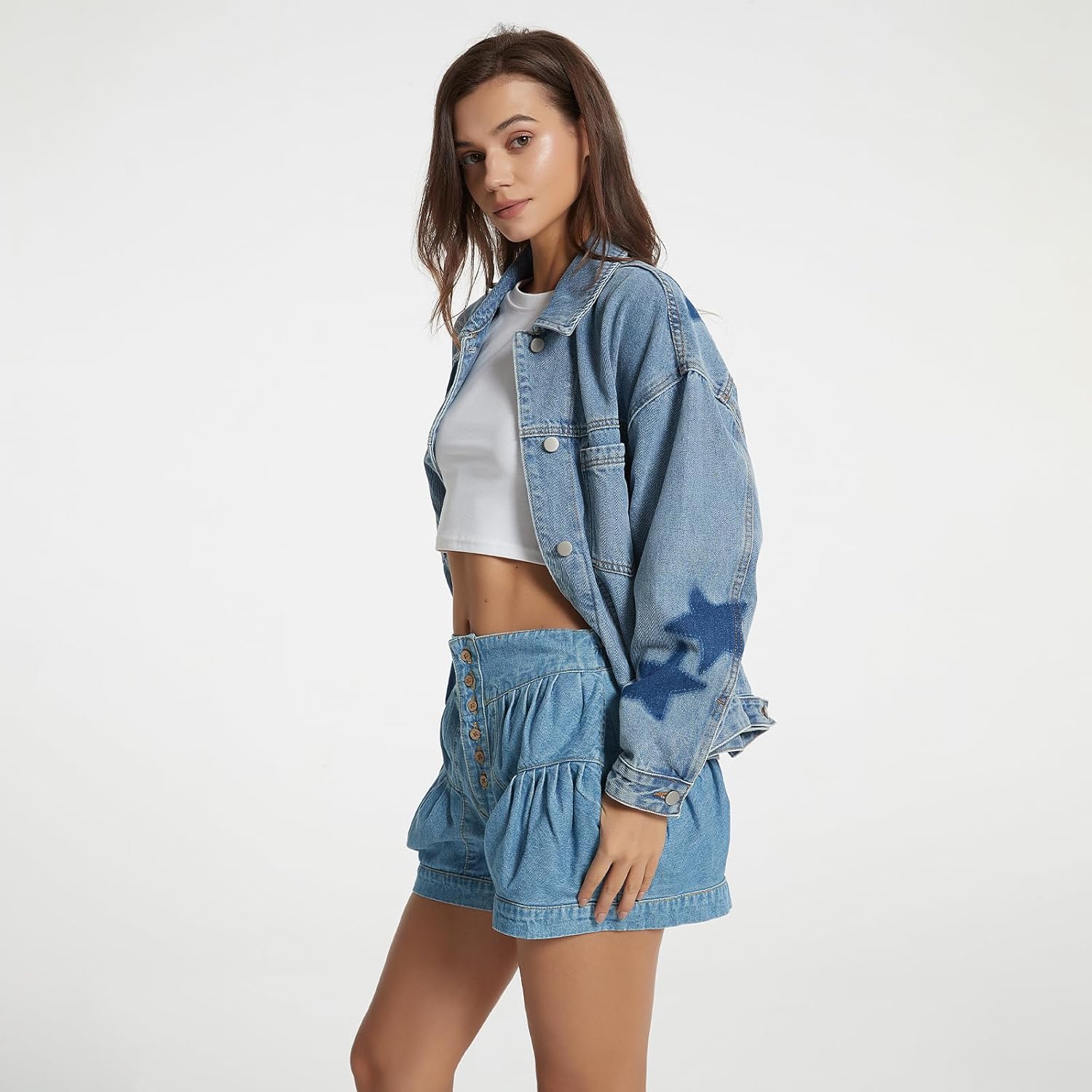 D-Sun Women Casual Denim Jacket Oversized Leopard Stars Printed Boyfriend Vintage Jean Jacket Coat with Pockets