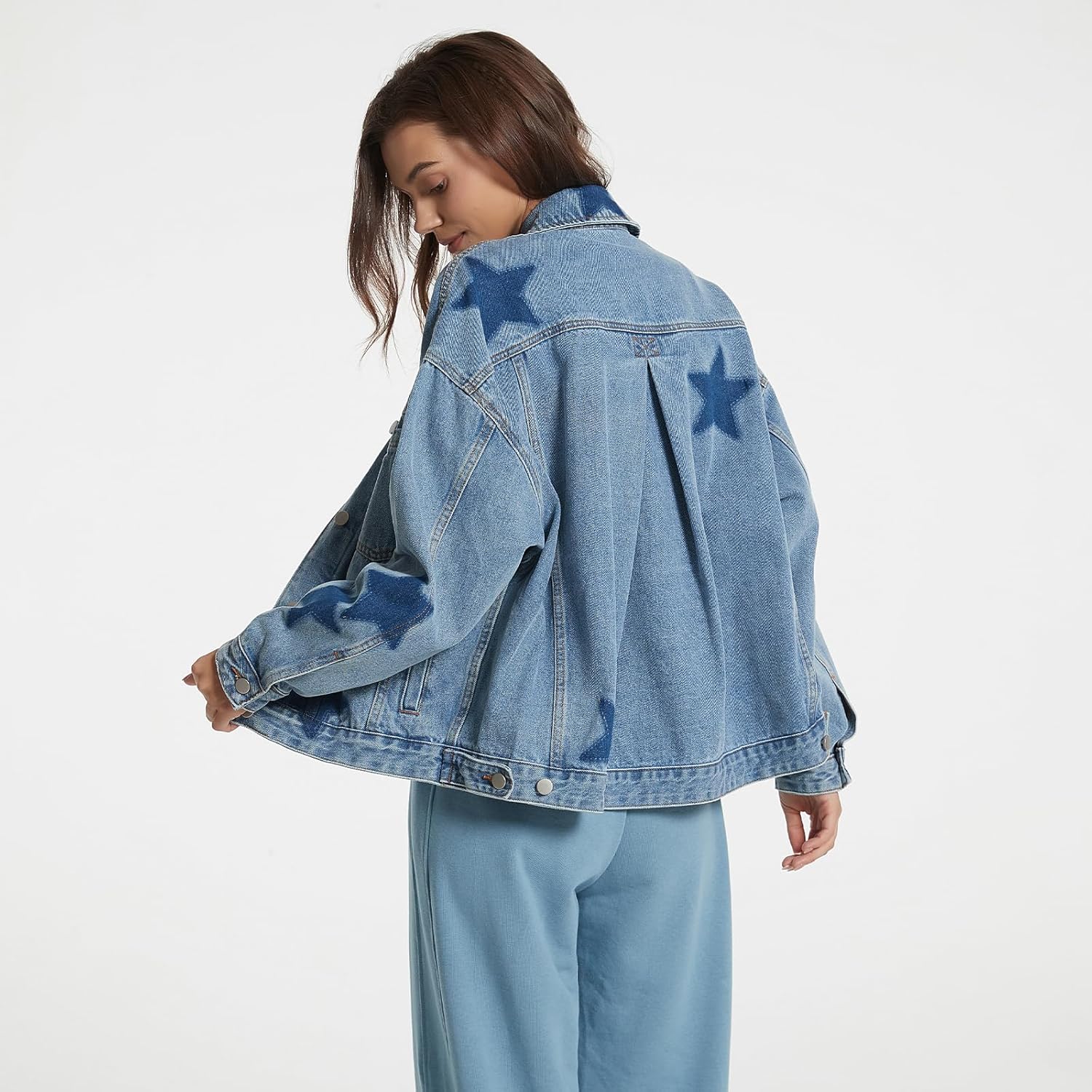 D-Sun Women Casual Denim Jacket Oversized Leopard Stars Printed Boyfriend Vintage Jean Jacket Coat with Pockets