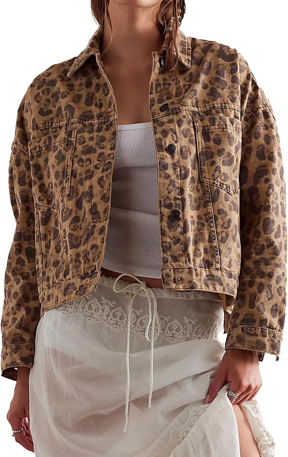 D-Sun Women Casual Denim Jacket Oversized Leopard Stars Printed Boyfriend Vintage Jean Jacket Coat with Pockets