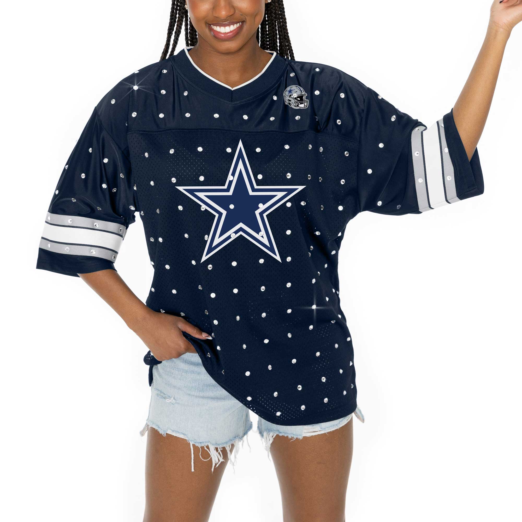 Dallas Cowboys Gameday Couture Women's Kickoff Time Allover Rhinestone Sports Stripe Jersey V-Neck T-Shirt - Navy