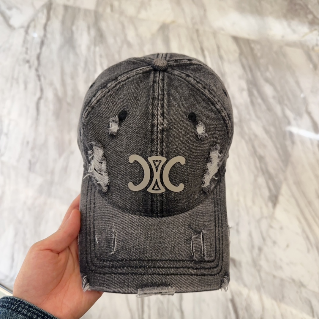 Denim Black Distressed Hat with Celine Logo