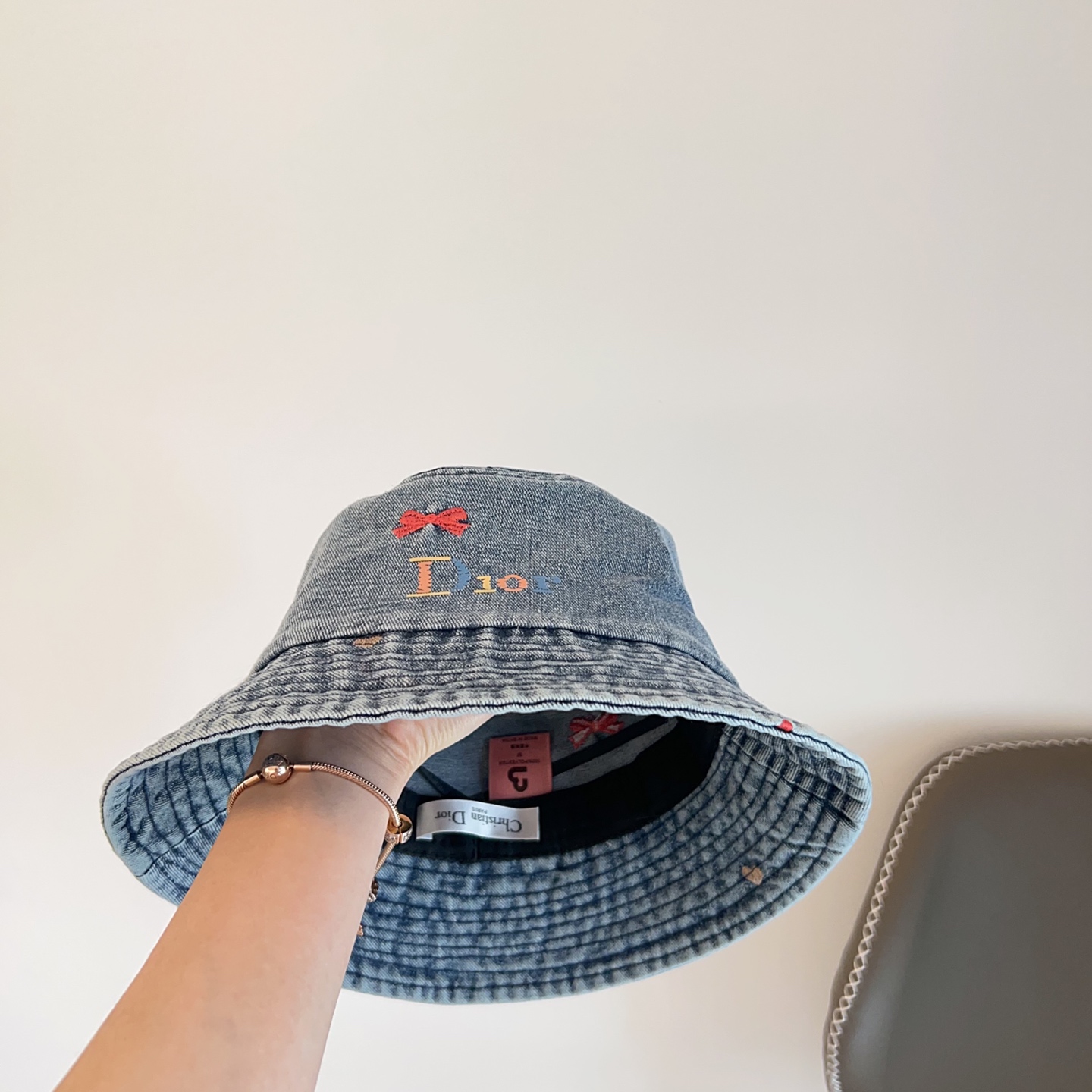 Dior Denim Bucket Hat - Embroidered Logo & Teddy Bear