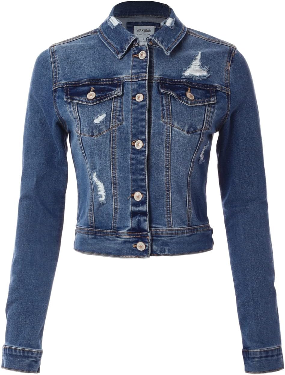 Design by Olivia Women’s Classic\/Destroyed Vintage Washed Long Sleeve Denim Jean Jacket