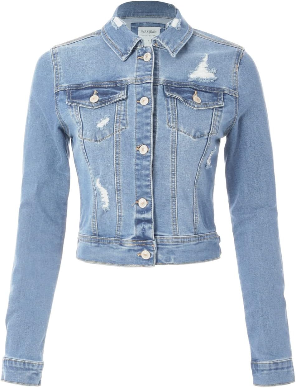 Design by Olivia Women’s Classic\/Destroyed Vintage Washed Long Sleeve Denim Jean Jacket