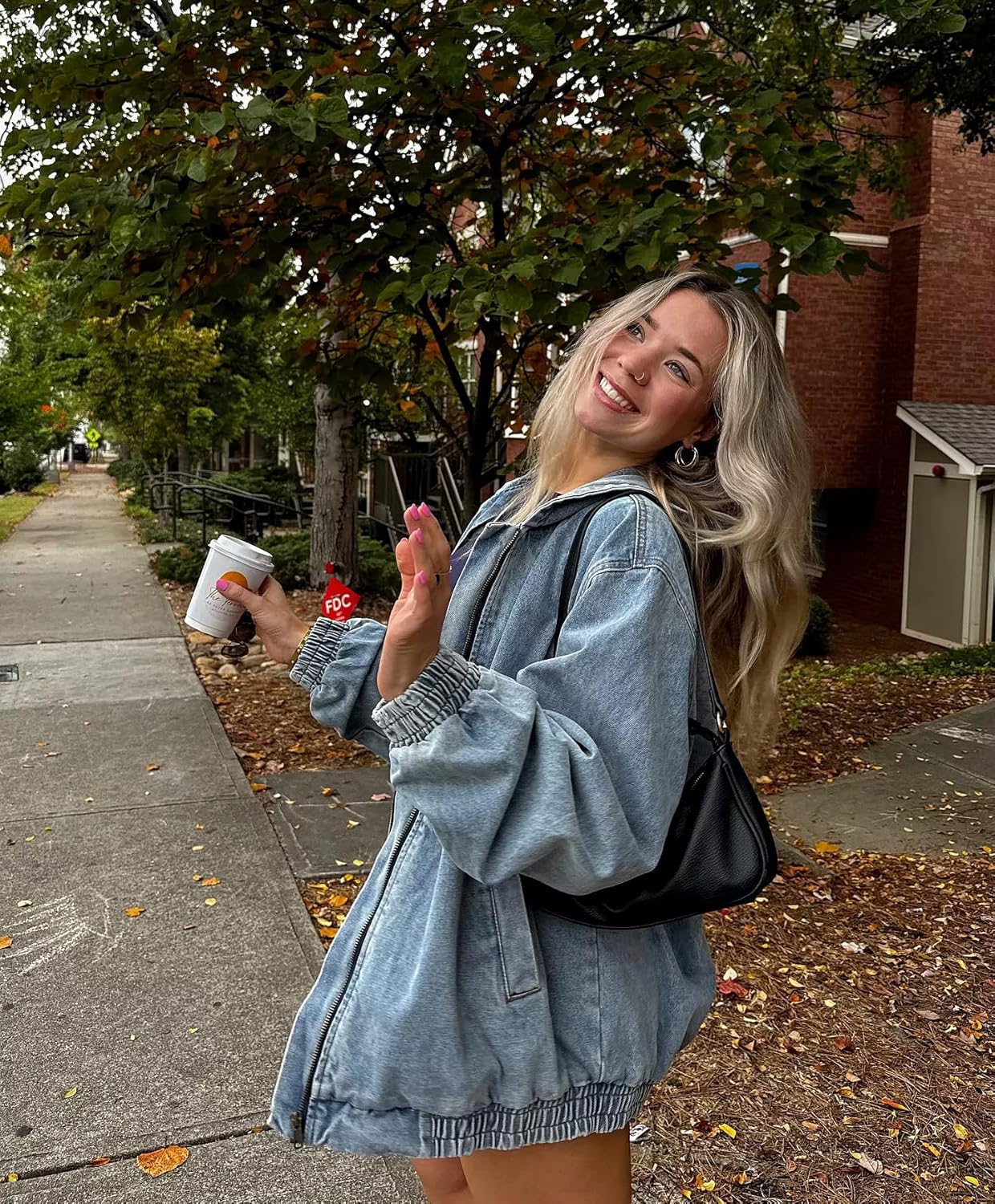 Deslimale Women’s Oversized Fit Hooded Vintage Washed Denim Bomber Jacket with Front Zip Closure