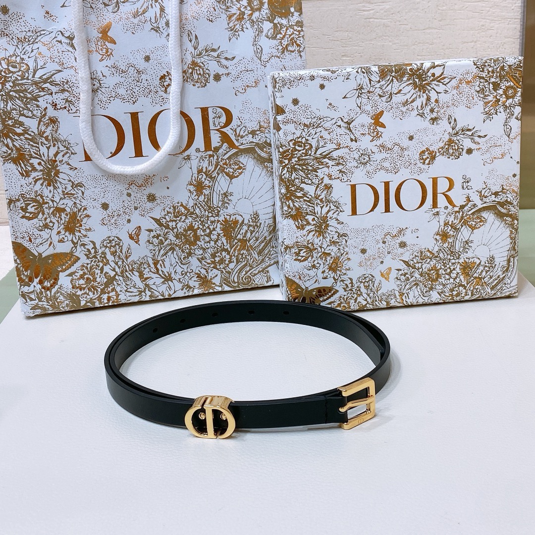Dior Black Leather Belt - Gold CD Buckle, Slim Design