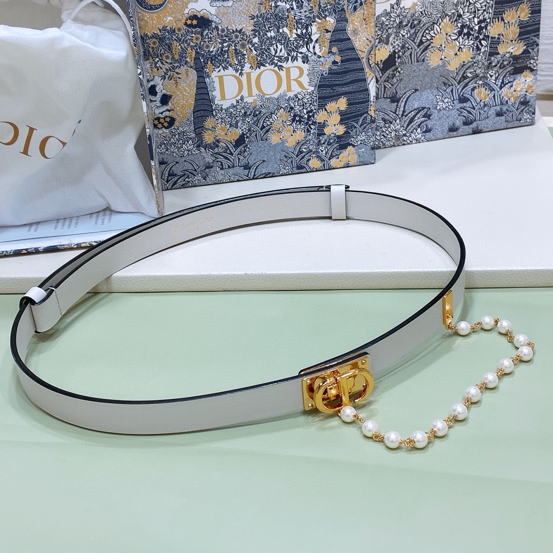 Dior Gray Leather Belt - Gold Buckle & Pearl Accent