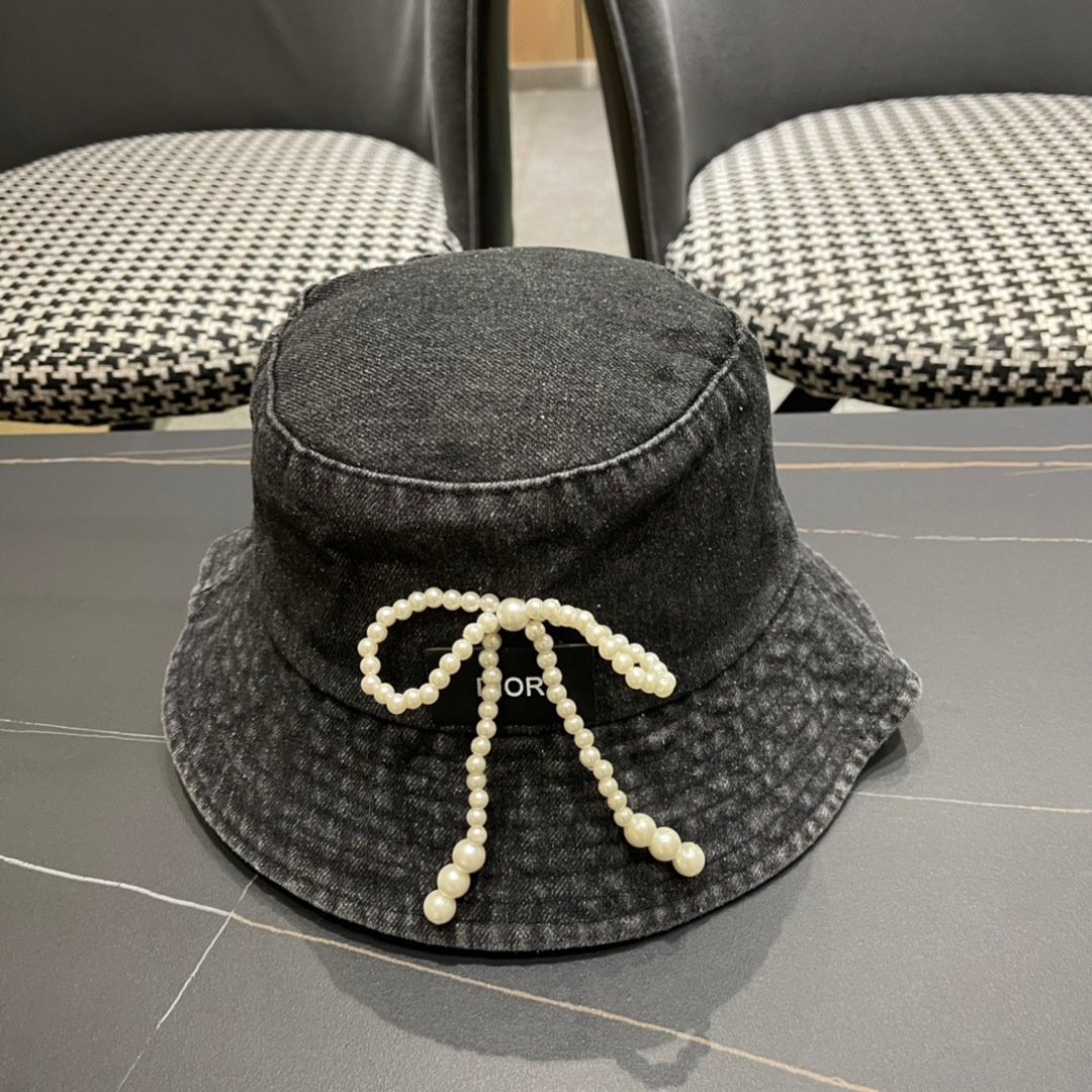 Dior Black Denim Bucket Hat - Christian - Pearl Bow