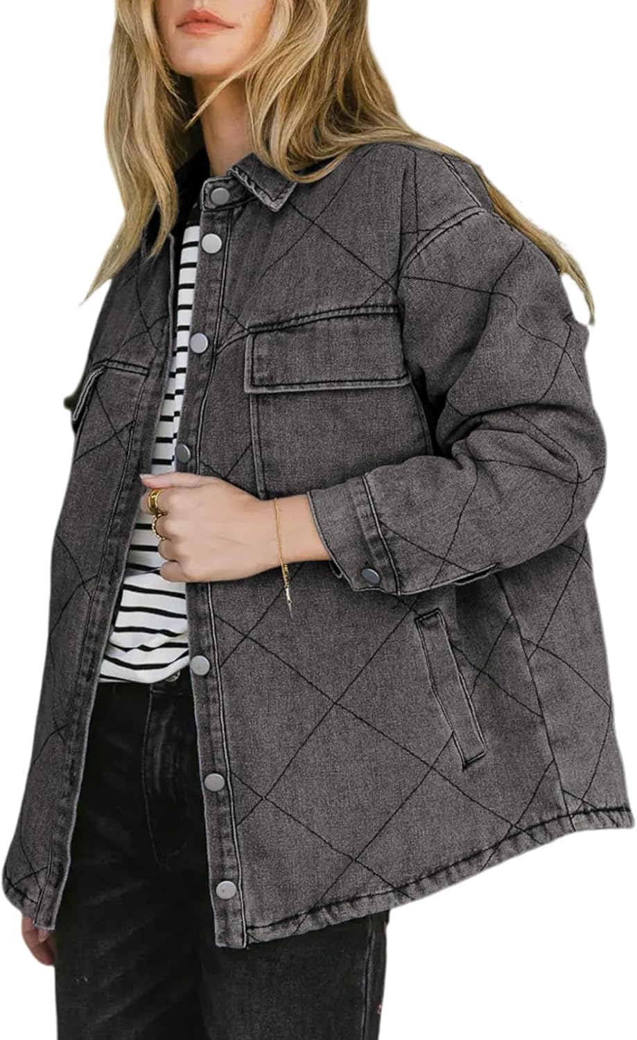 Dokotoo Denim Jacket for Women Fashion Solid Oversized Long Sleeve Button Down Shacket Jacket Coat with Pockets