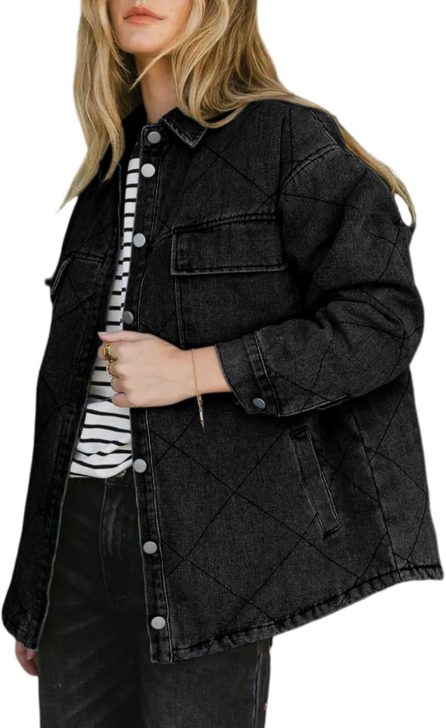 Dokotoo Denim Jacket for Women Fashion Solid Oversized Long Sleeve Button Down Shacket Jacket Coat with Pockets