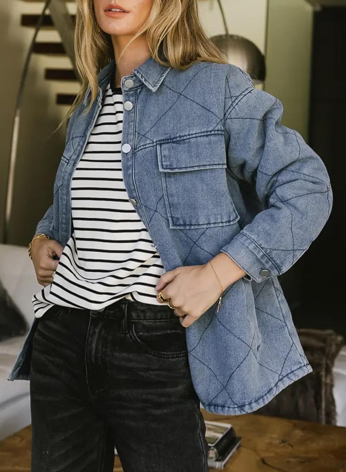 Dokotoo Denim Jacket for Women Fashion Solid Oversized Long Sleeve Button Down Shacket Jacket Coat with Pockets