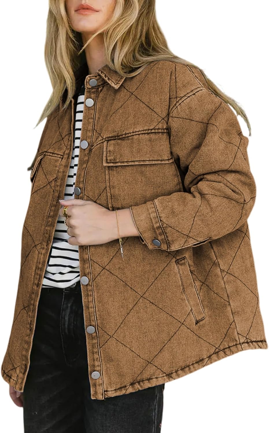 Dokotoo Denim Jacket for Women Fashion Solid Oversized Long Sleeve Button Down Shacket Jacket Coat with Pockets