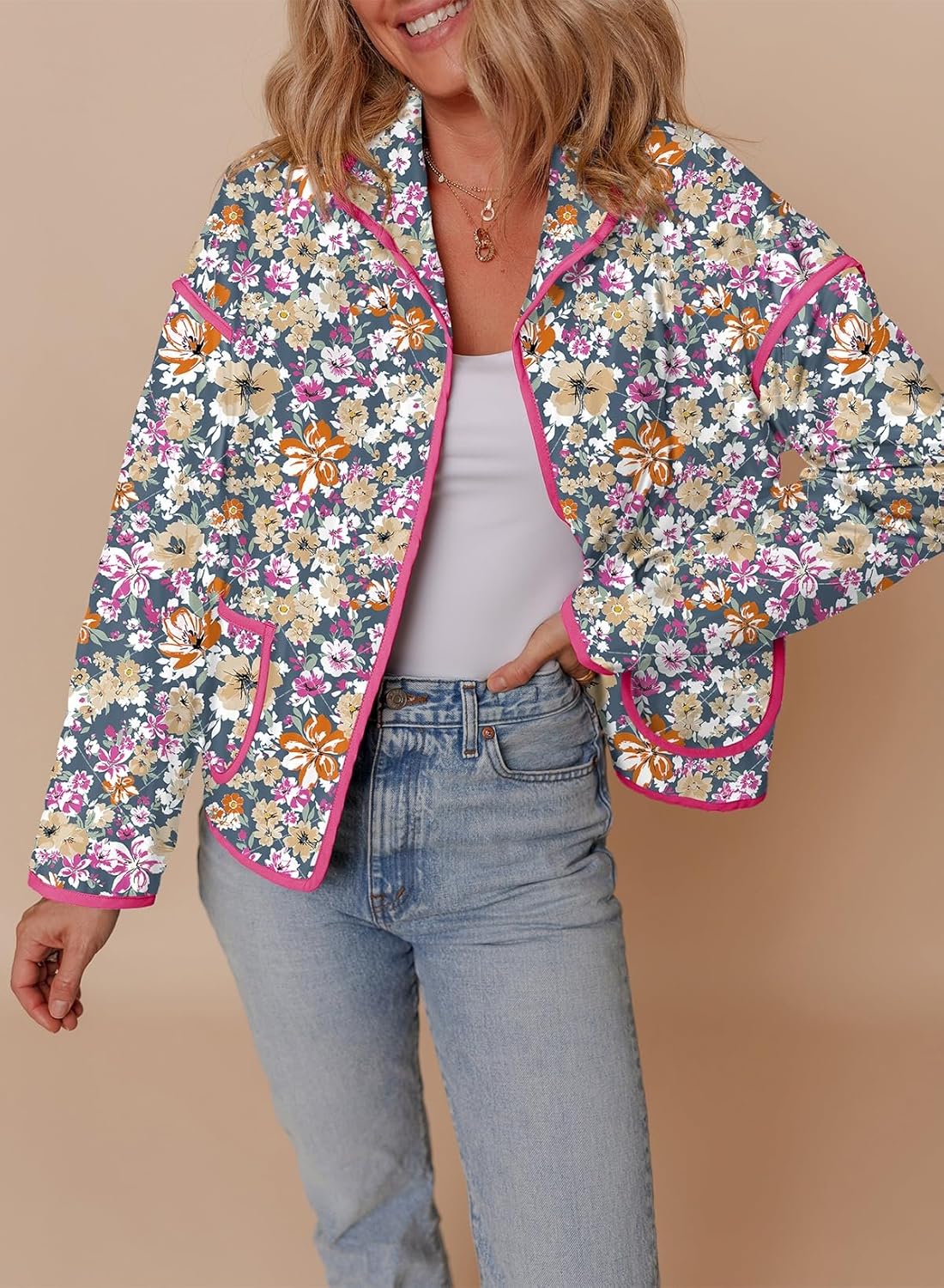 Dokotoo Warm Quilted Jackets for Women Long Sleeve Floral Print Button Down Puffer Jacket Coats with Pockets