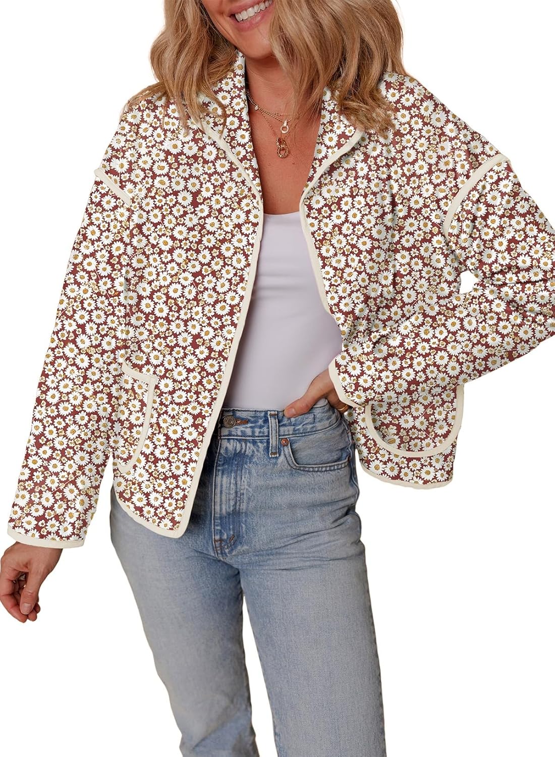 Dokotoo Warm Quilted Jackets for Women Long Sleeve Floral Print Button Down Puffer Jacket Coats with Pockets