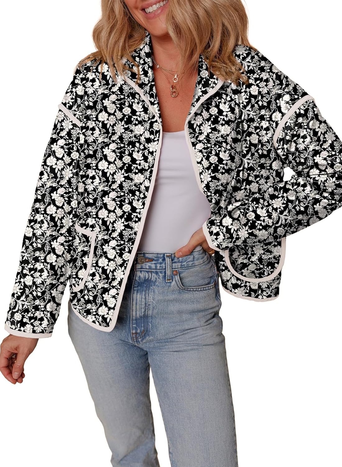 Dokotoo Warm Quilted Jackets for Women Long Sleeve Floral Print Button Down Puffer Jacket Coats with Pockets