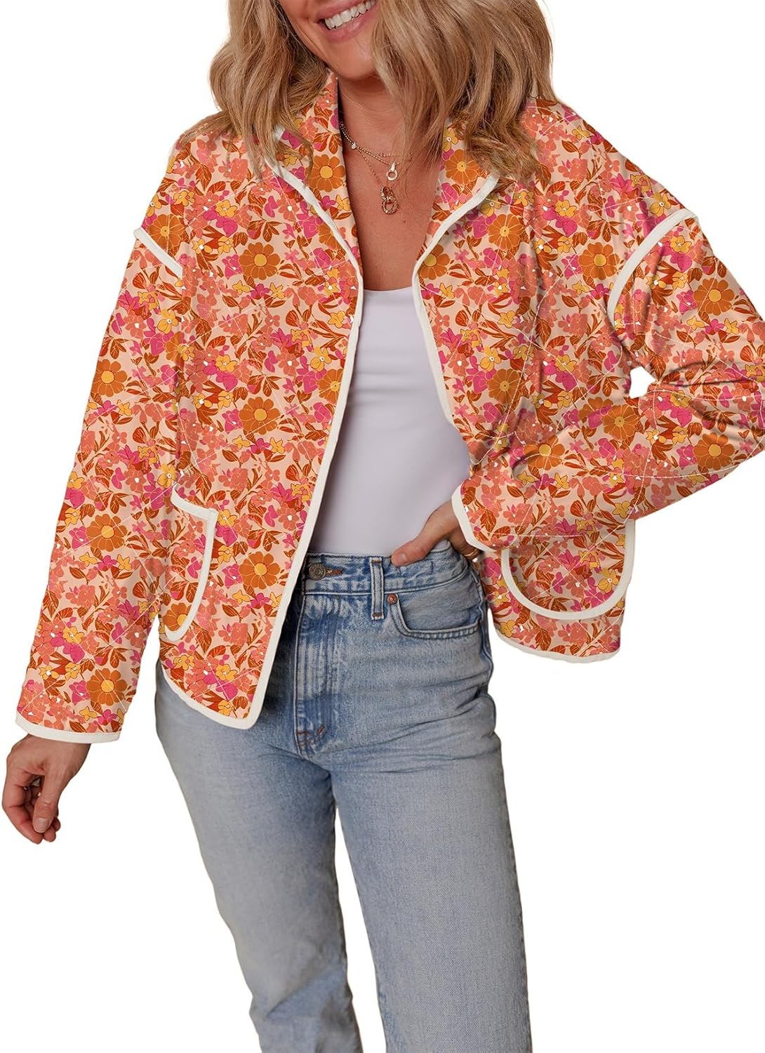 Dokotoo Warm Quilted Jackets for Women Long Sleeve Floral Print Button Down Puffer Jacket Coats with Pockets