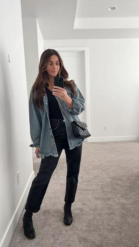 Dokotoo Women’s Oversized Denim Jacket Casual Long Sleeve Denim Shirts Distresse Jean Jacket Fall Outfits 2025