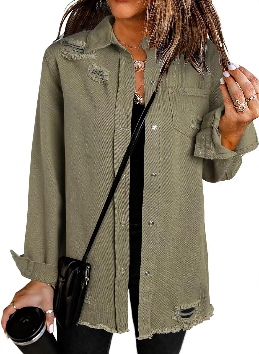 Dokotoo Women’s Oversized Denim Jacket Casual Long Sleeve Denim Shirts Distresse Jean Jacket Fall Outfits 2025