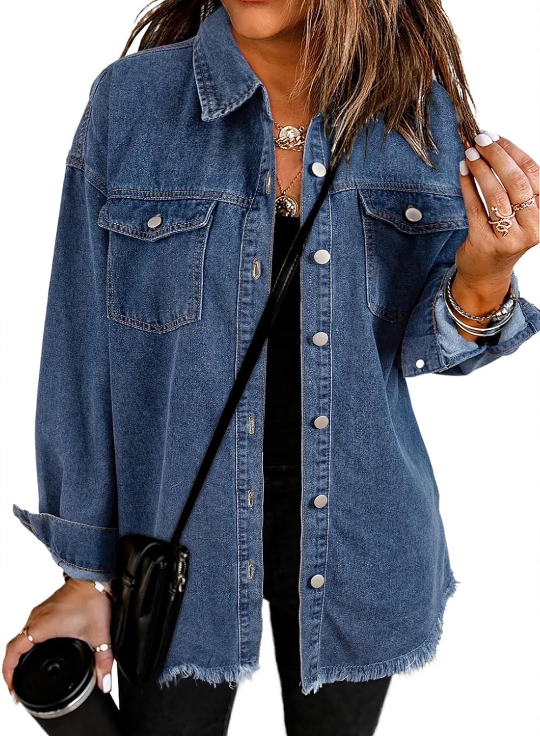 Dokotoo Women’s Oversized Denim Jacket Casual Long Sleeve Denim Shirts Distresse Jean Jacket Fall Outfits 2025