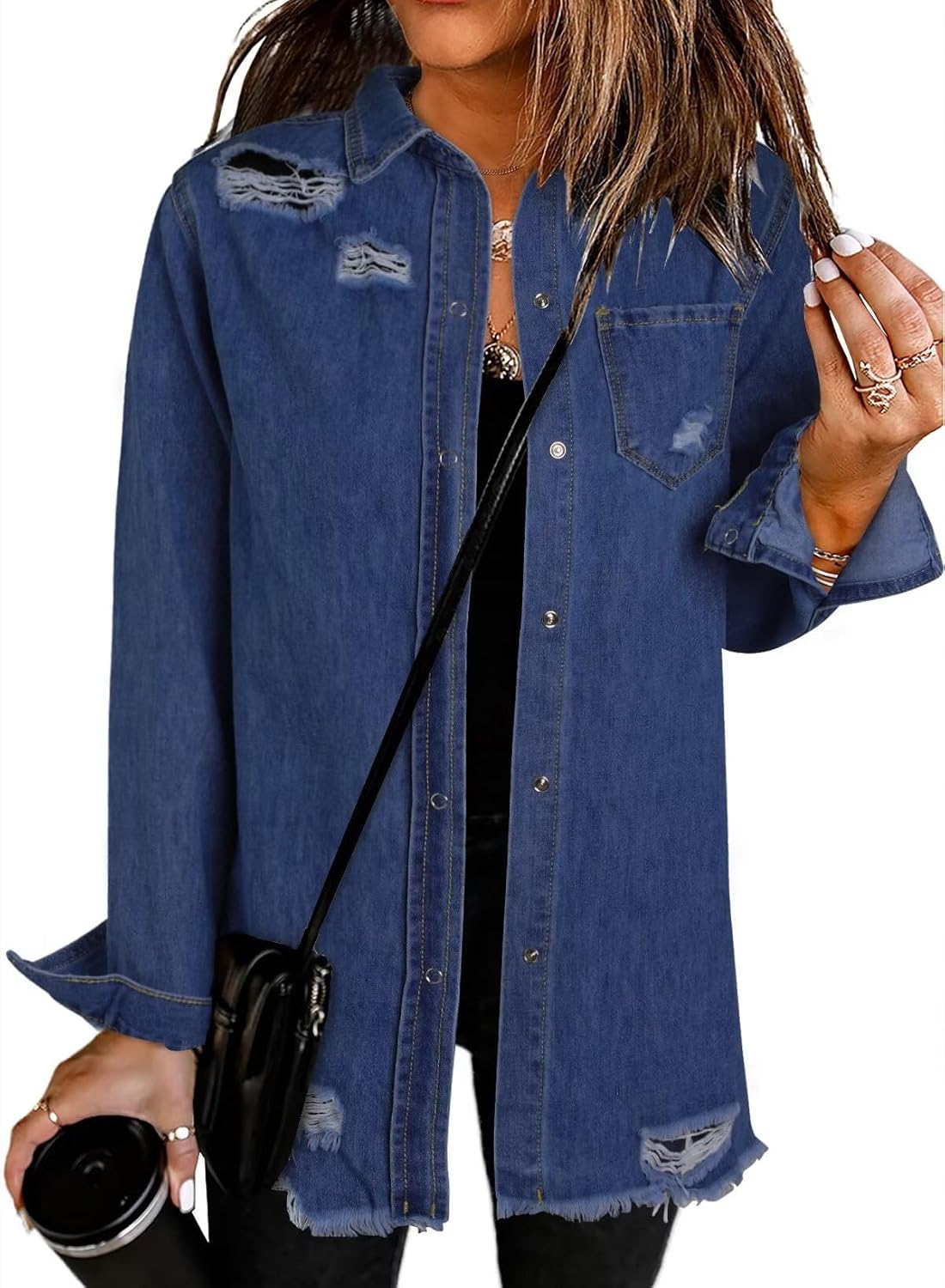 Dokotoo Women’s Oversized Denim Jacket Casual Long Sleeve Denim Shirts Distresse Jean Jacket Fall Outfits 2025