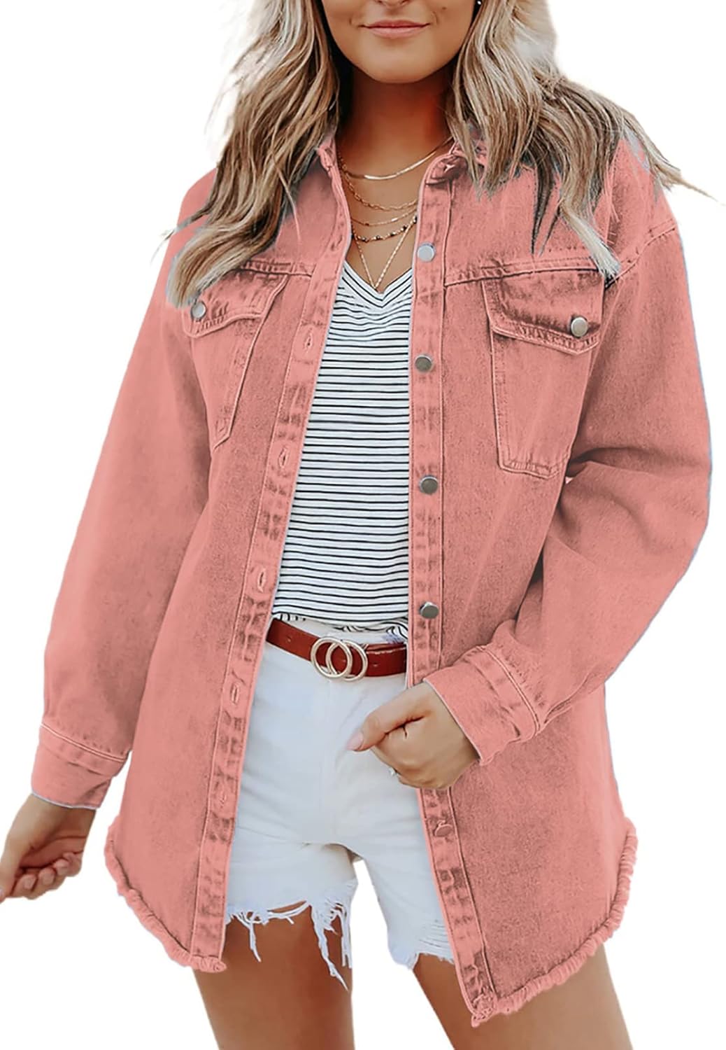 Dokotoo Women’s Oversized Denim Jacket Casual Long Sleeve Denim Shirts Distresse Jean Jacket Fall Outfits 2025