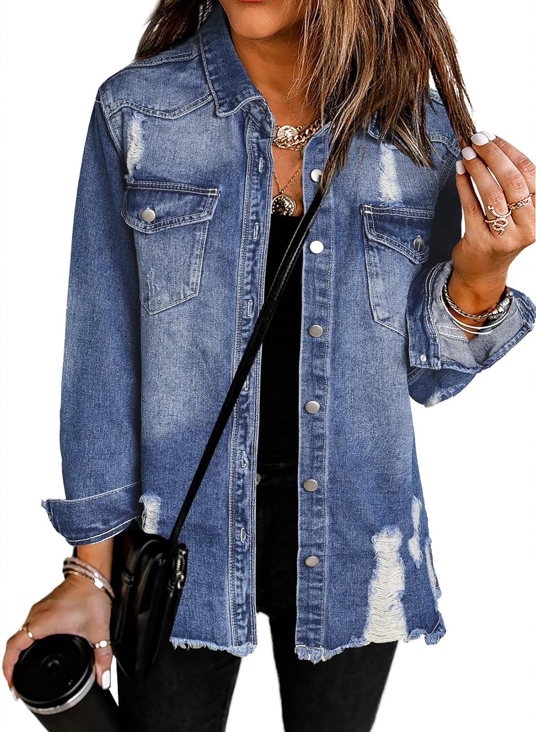 Dokotoo Women’s Oversized Denim Jacket Casual Long Sleeve Denim Shirts Distresse Jean Jacket Fall Outfits 2025