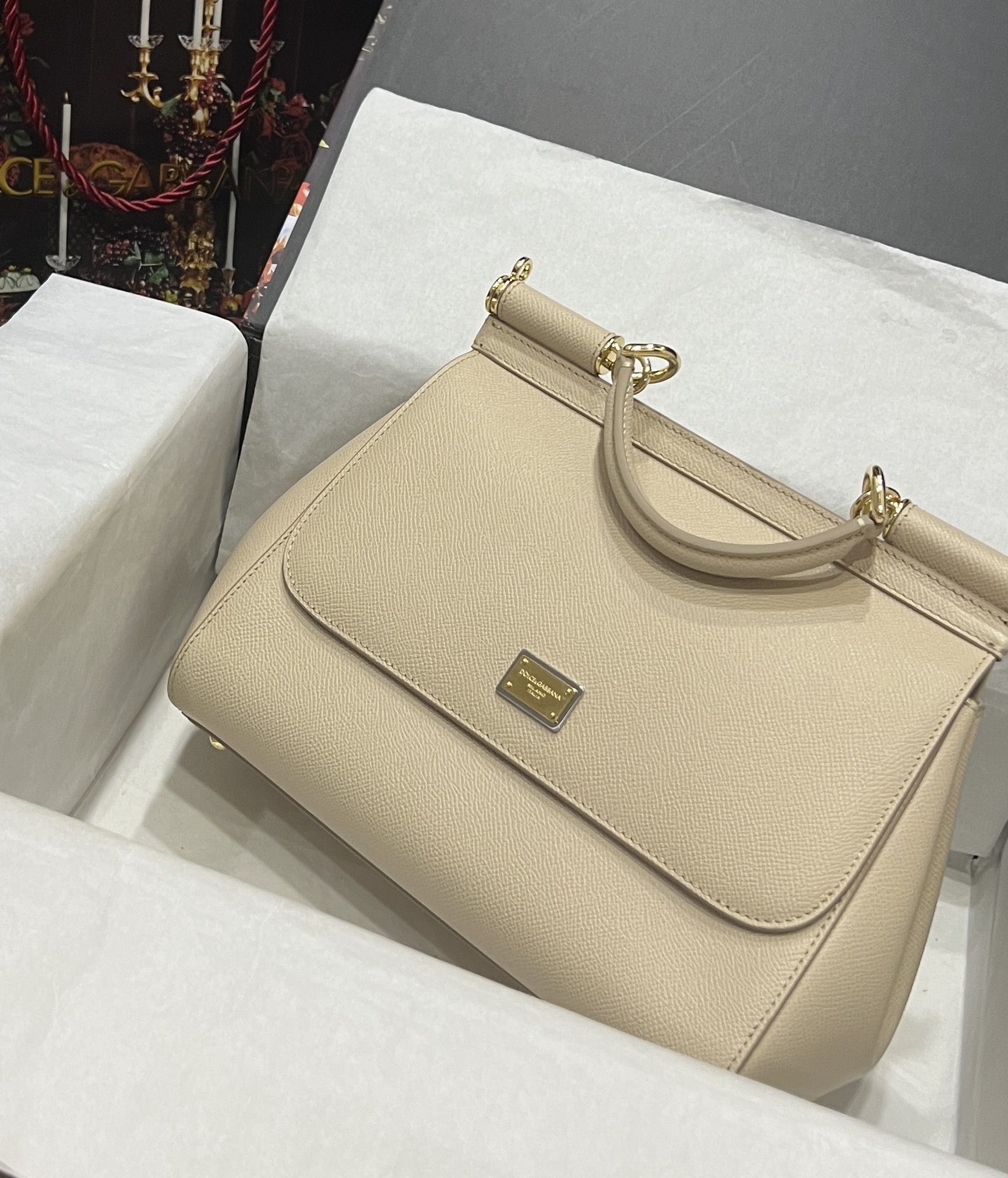 Dolce & Gabbana Beige Leather Medium Miss Sicily Top Handle