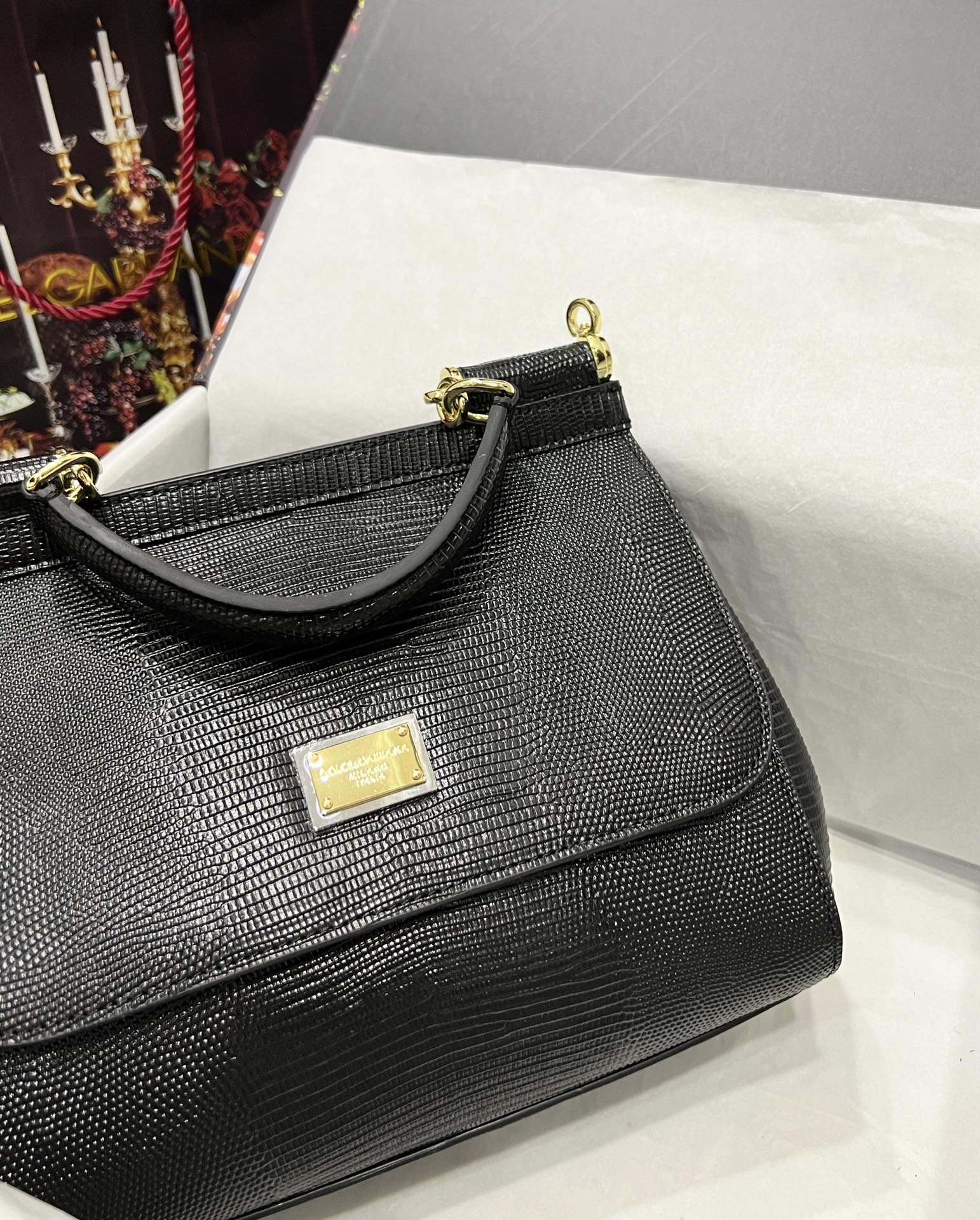 Dolce & Gabbana Black Lizard Embossed Leather Small Miss Sicily Top Handle Bag Dolce & Gabbana | TLC
