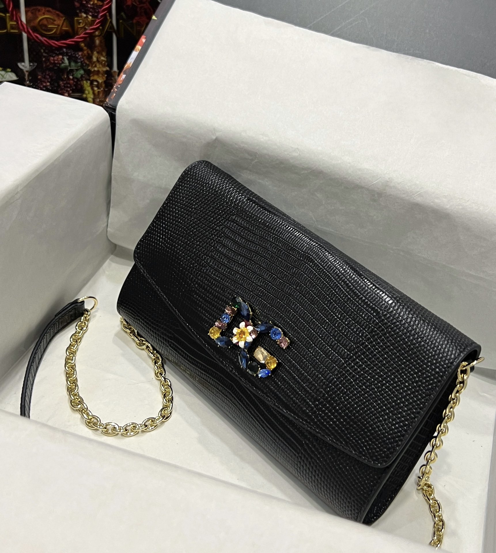 Dolce & Gabbana Black Lizard Embossed Leather Wallet on