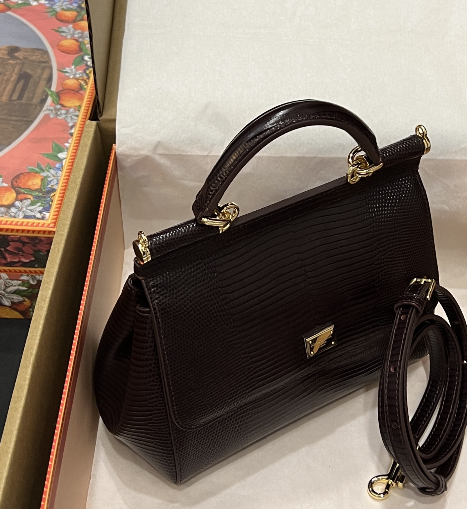 Dolce & Gabbana Burgundy black Lizard Embossed Leather Smal