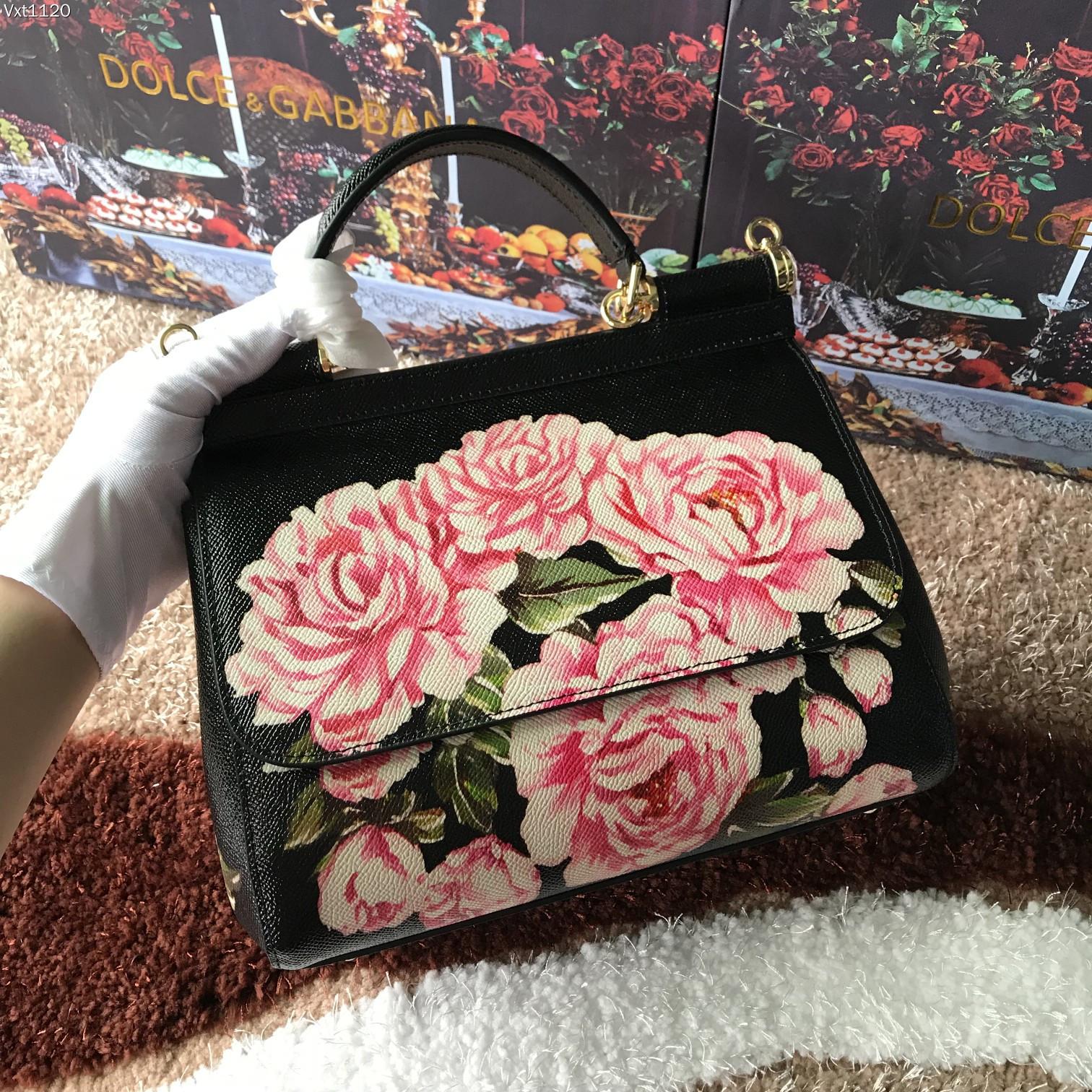 DOLCE & GABBANA Dauphine Rose Print Medium Miss Sicily Satchel Black 302453