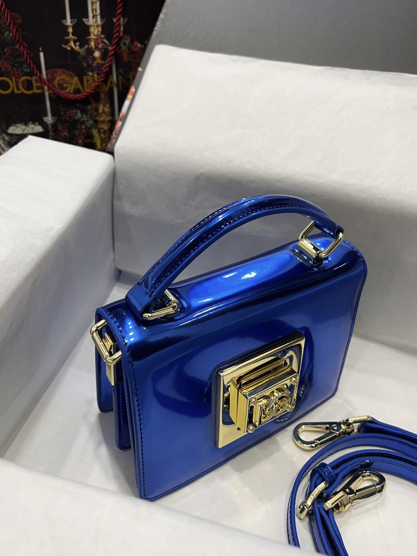 Dolce & Gabbana Dg Bella Shiny Leather Top Handle Bag In blue |