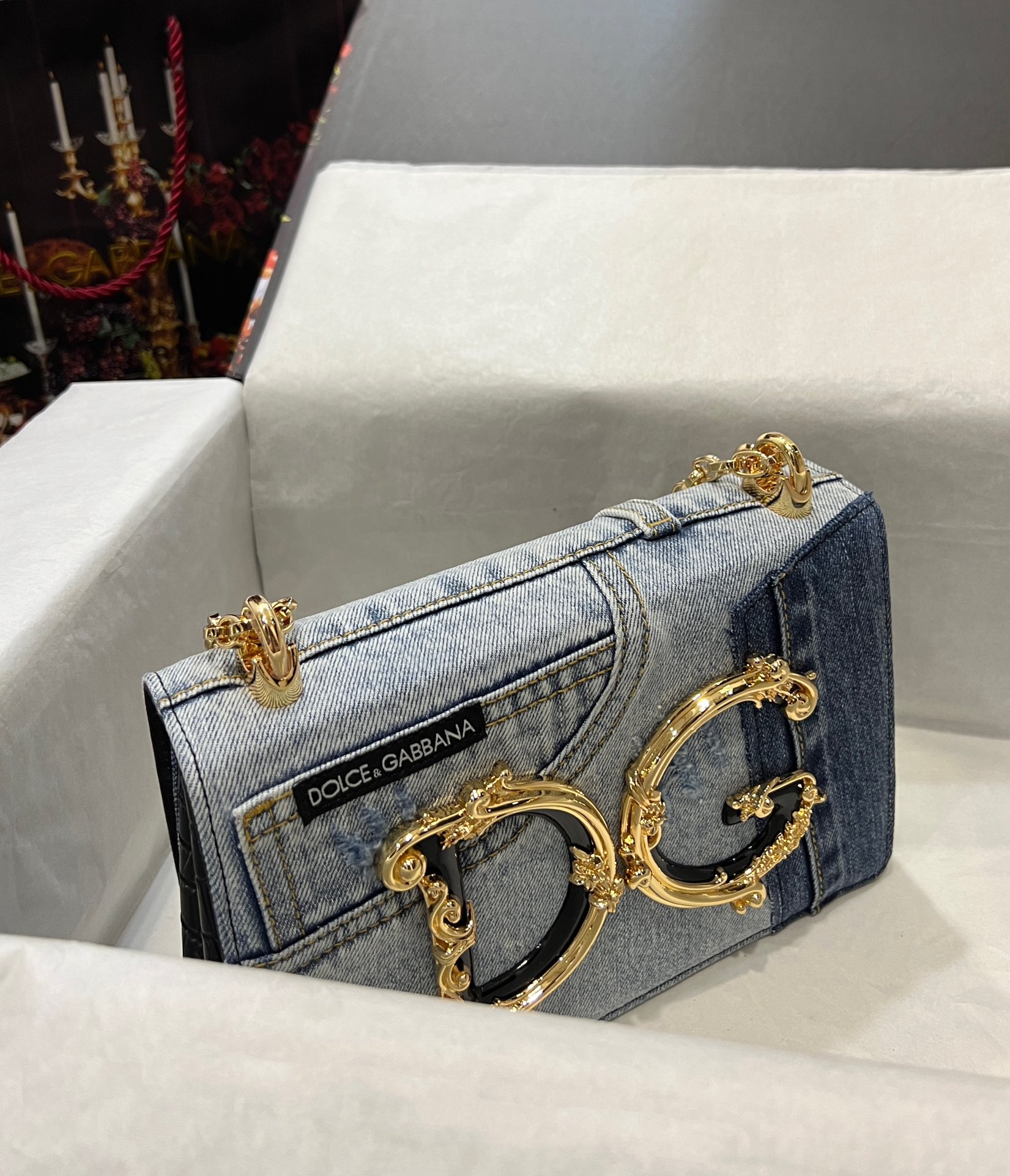 Dolce & Gabbana DG Girls bag in patchwork denim and plain calfskin in