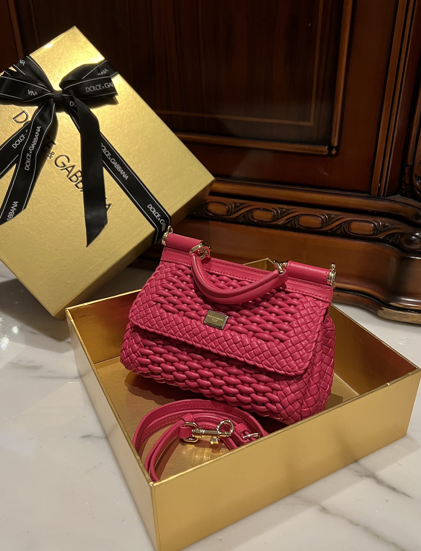 Dolce & Gabbana Fuchsia Leather Small Woven Sicily East West Top Handle Bag Dolce & Gabbana | TLC