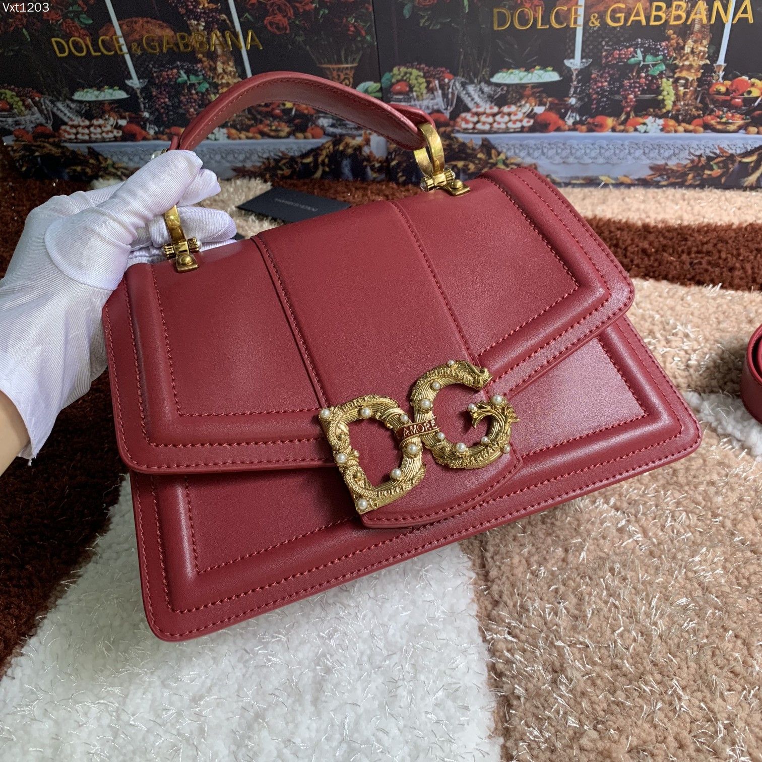 DOLCE & GABBANA Handbag Red Leather DG Logo Amore