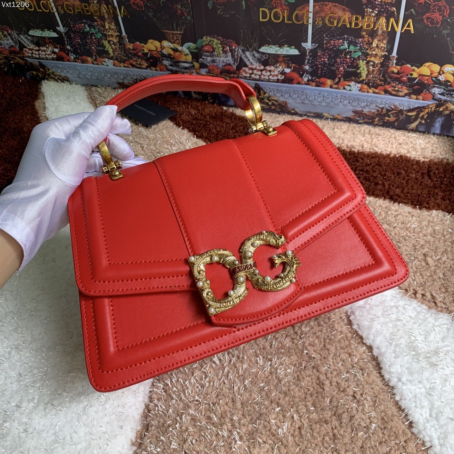 DOLCE & GABBANA Handbag Red Leather DG Logo Amore Clutch Top Handle Shoulder