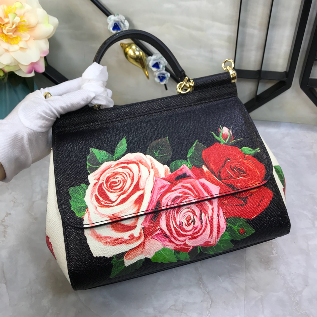 Dolce & Gabbana Miss Sicily Bag Printed Leather Small Black
