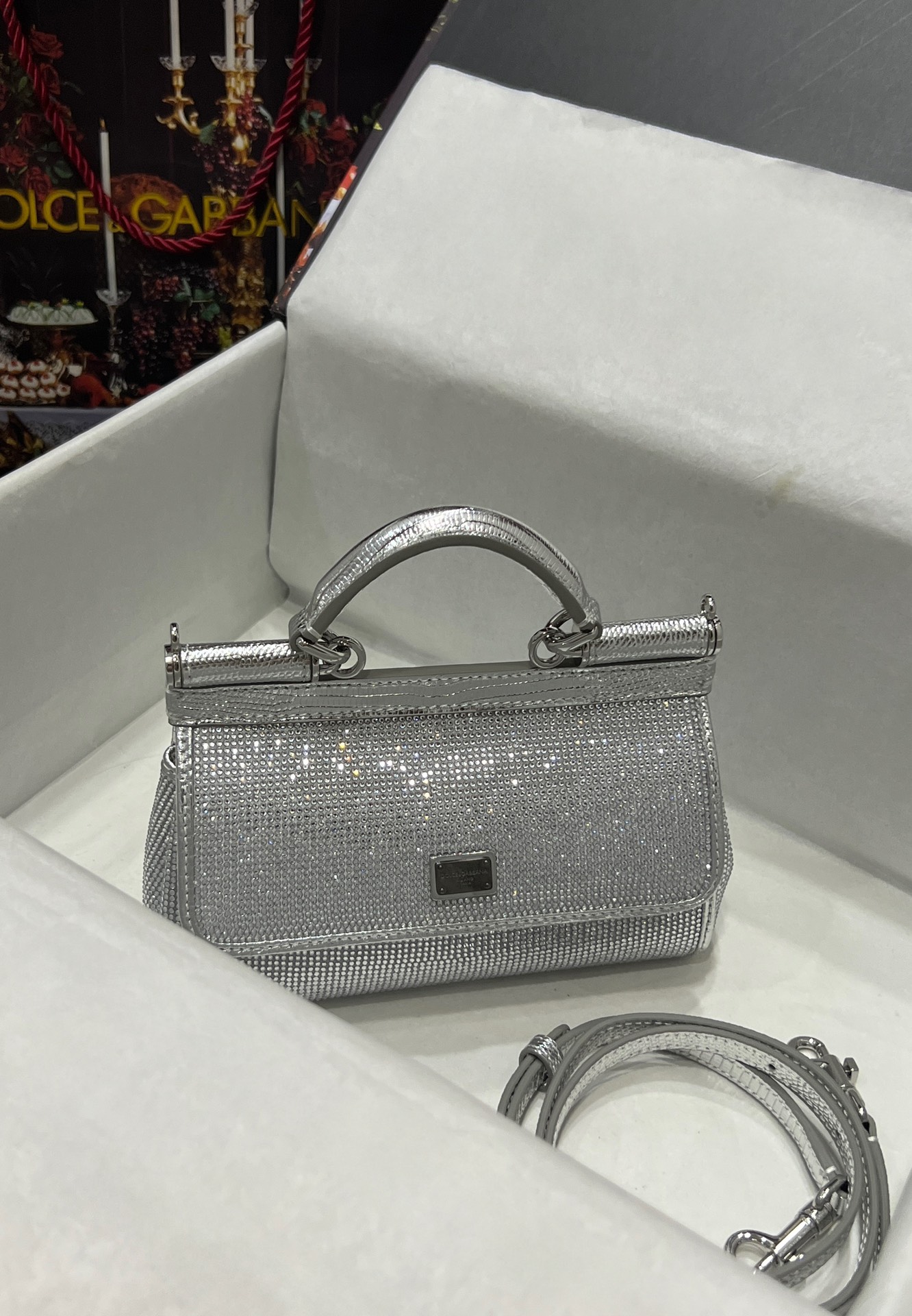 Dolce & Gabbana Nappa leather mini Sicily bag with fusible rhinestones in Silver