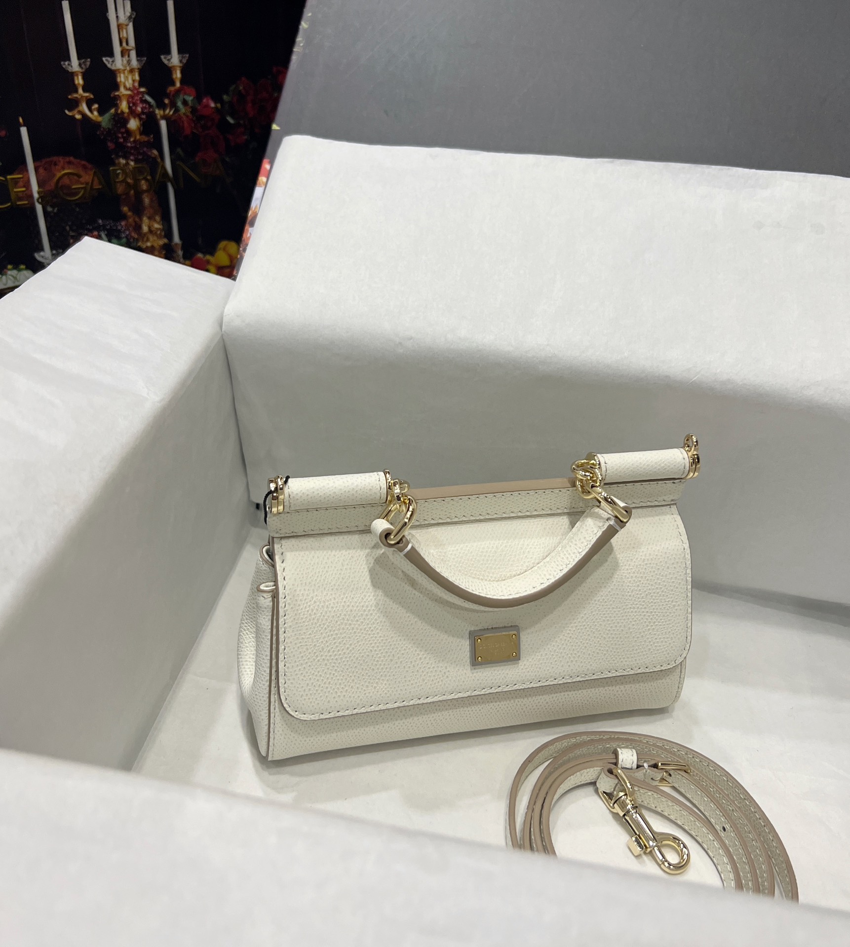 Dolce & Gabbana Sicily Small Ivory White Leather Top-Handle