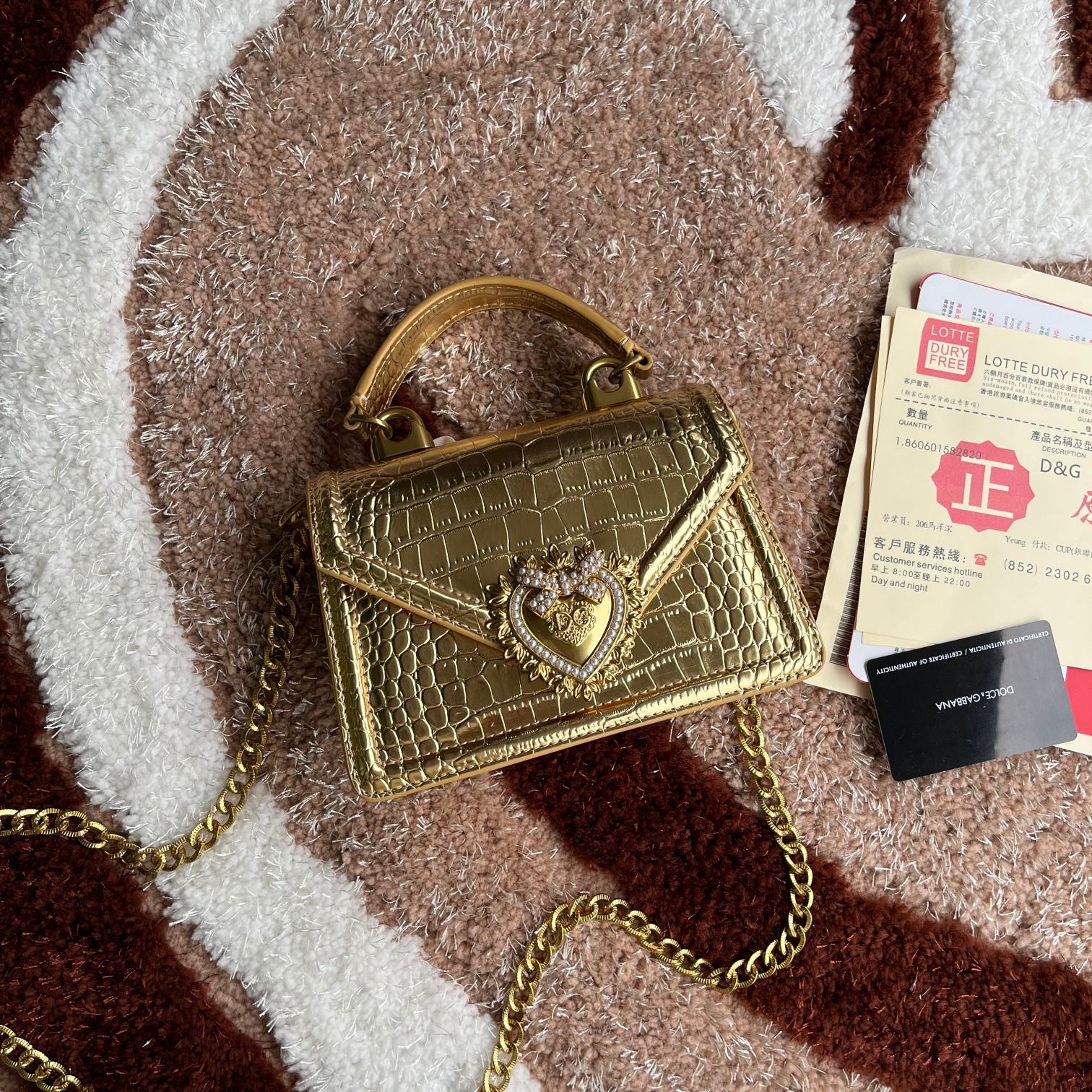 Dolce & Gabbana Small Devotion bag in foiled crocodile print in Gold for