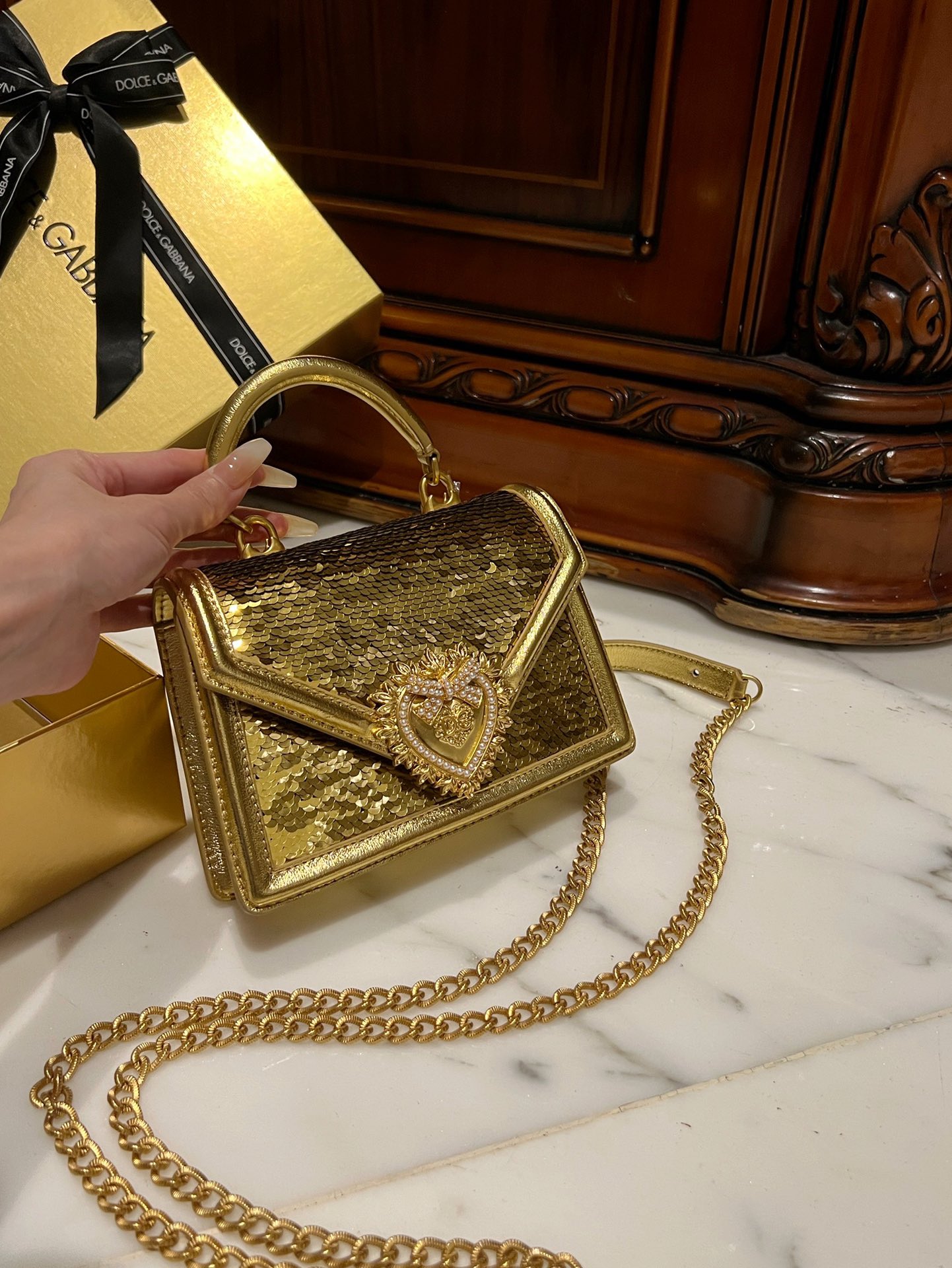 Dolce & Gabbana Small Devotion bag in foiled crocodile print in Gold for