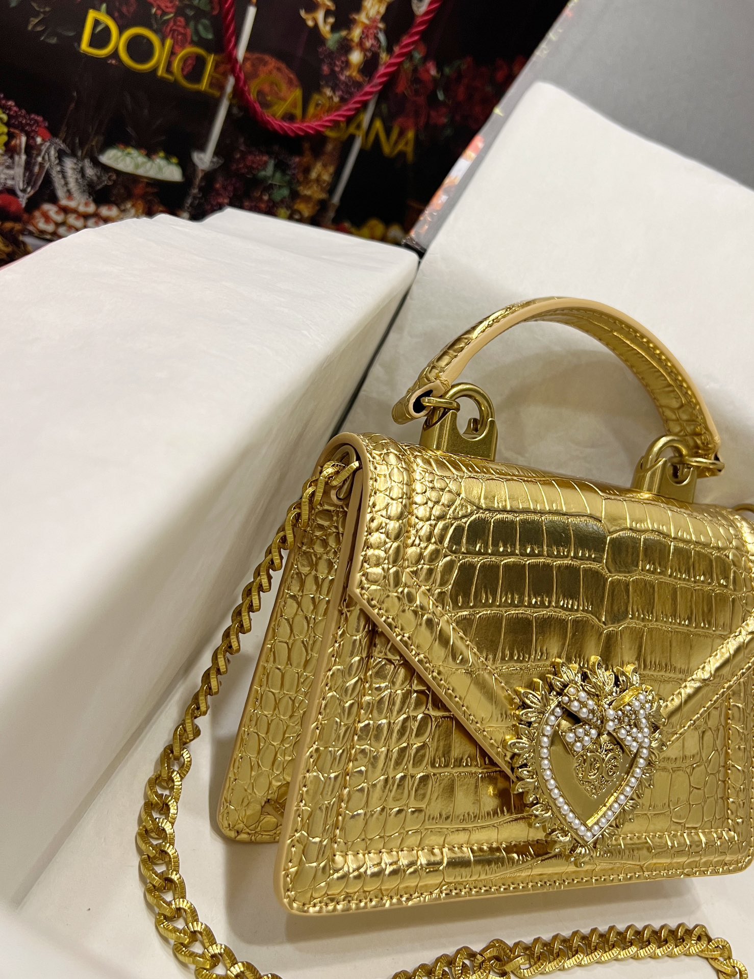 Dolce & Gabbana Small Devotion bag in foiled crocodile print in Gold for Women | Dolce&Gabbana