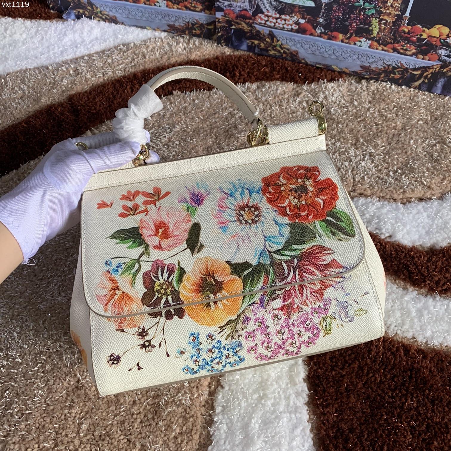Dolce & Gabbana White Floral Printed Leather Small Miss Sicil