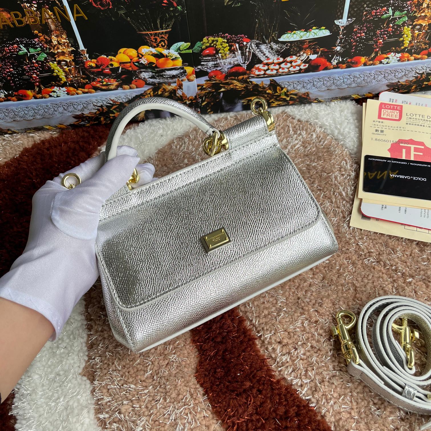 DOLCE GABBANA Metallic Dauphine Mini Miss Sicily siver