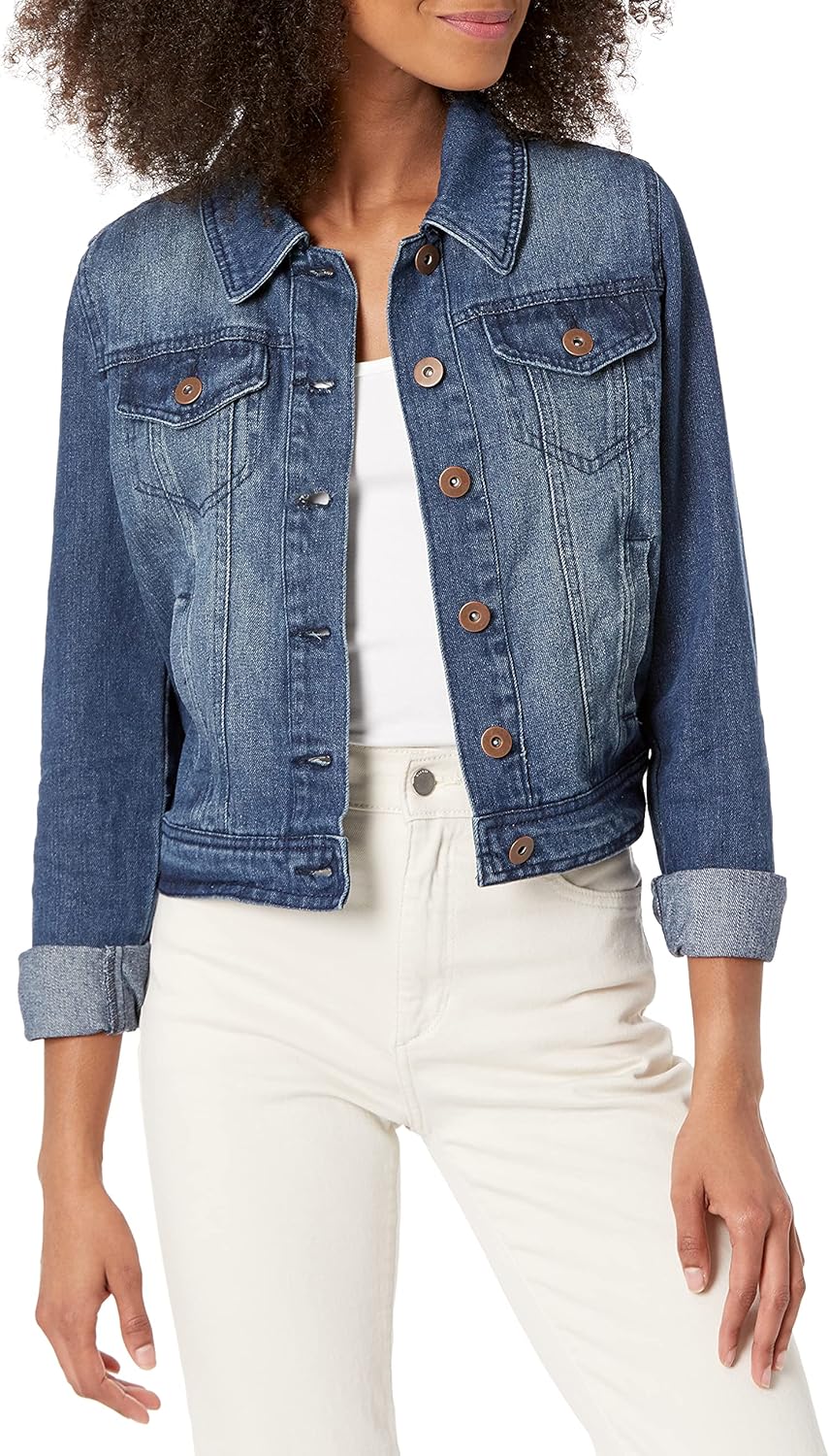 Classic denim jacket with button closure and rolled cuffs, versatile for everyday style.