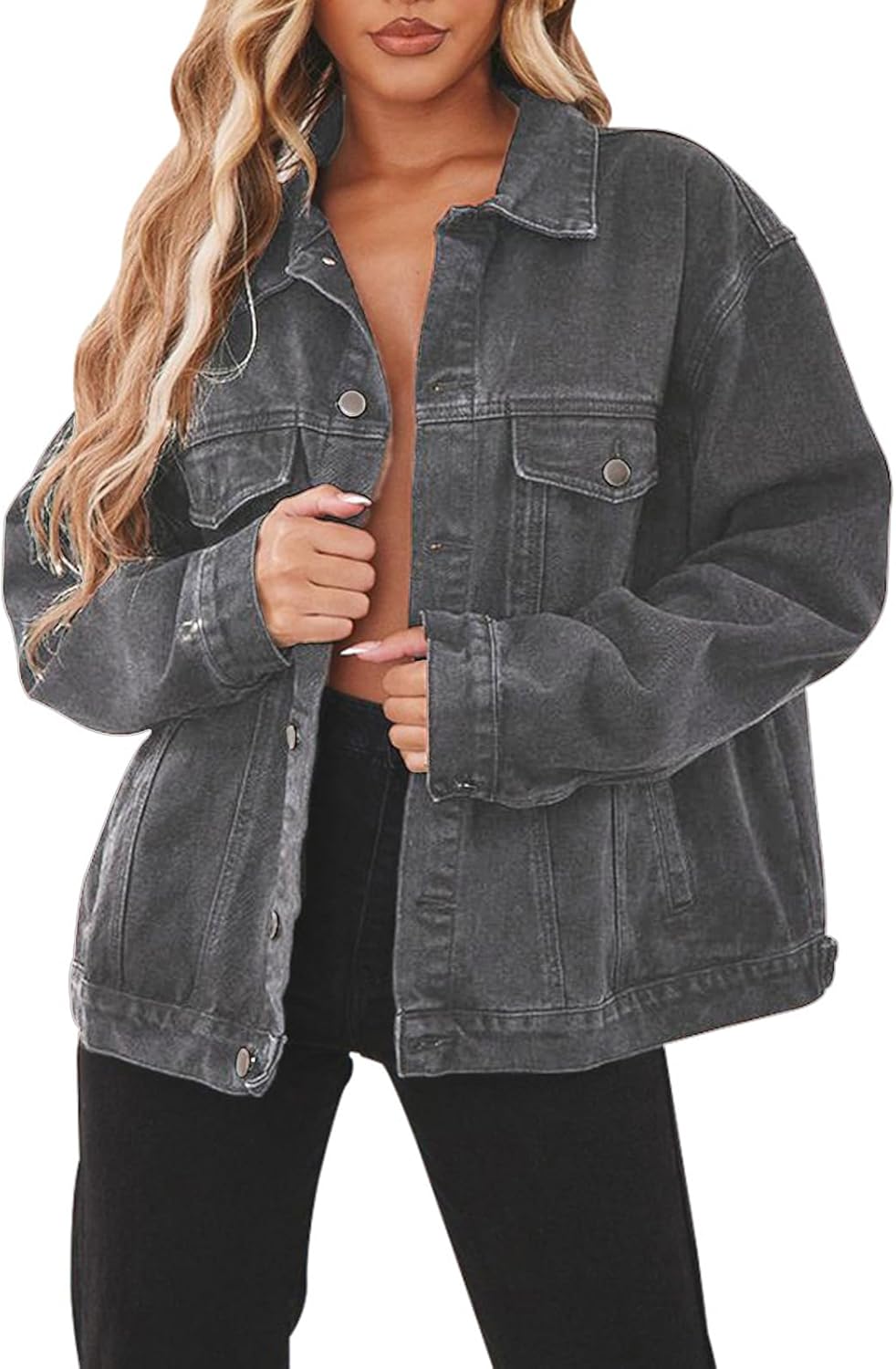 DvaeMalligo Women’s Oversized Denim Jacket Casual Long Sleeve Button Down Distressed Trucker Jean Jackets with Pockets