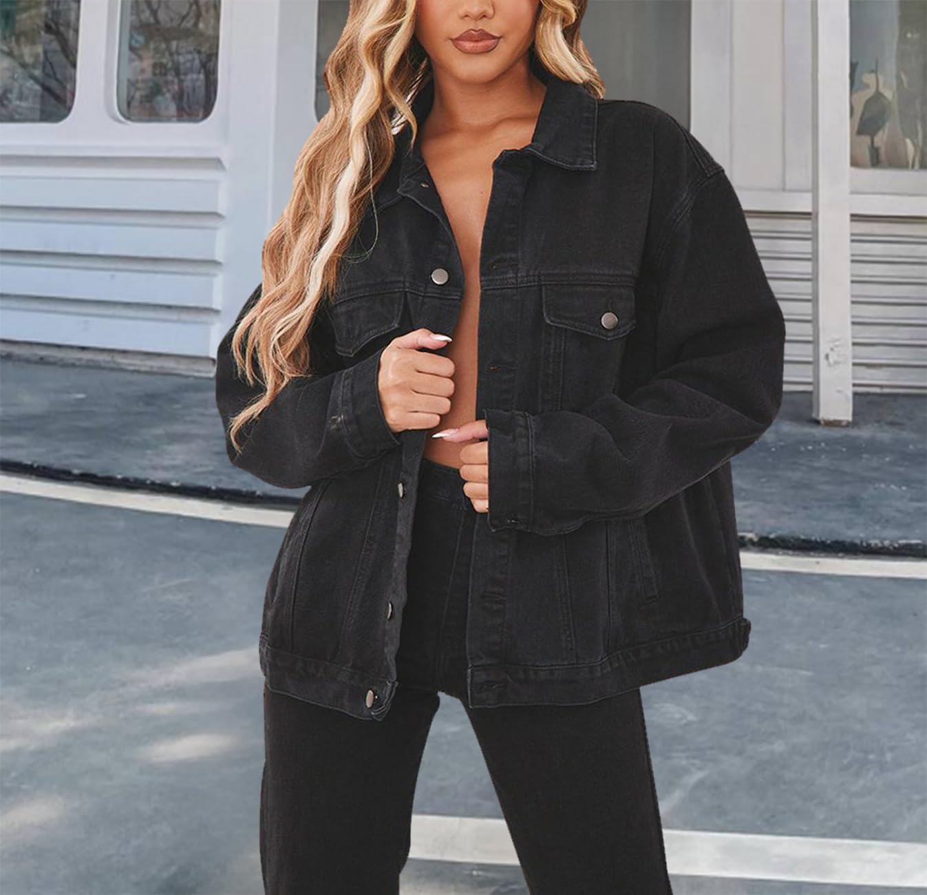 DvaeMalligo Women’s Oversized Denim Jacket Casual Long Sleeve Button Down Distressed Trucker Jean Jackets with Pockets